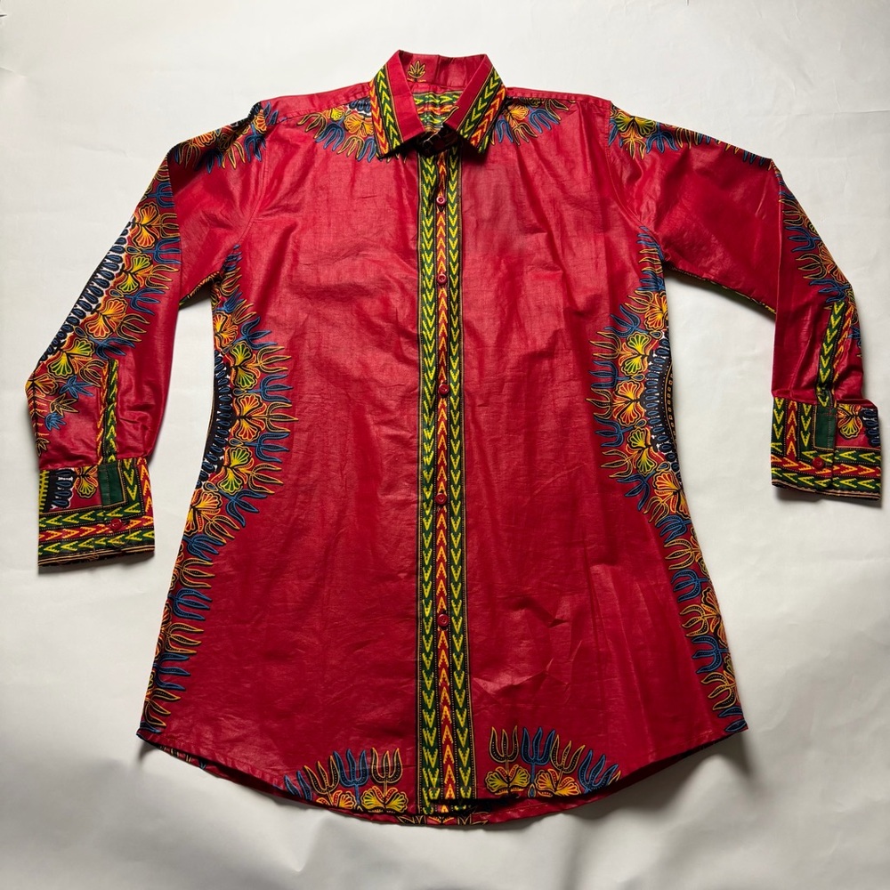 Vibrant Red Multicolor Patterned Long Sleeve Dres… - image 2